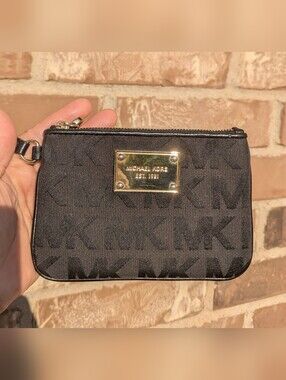 Michael Kors Signature Canvas & Leather Wallet Wristlet Black Gold 38F1CJSW1J